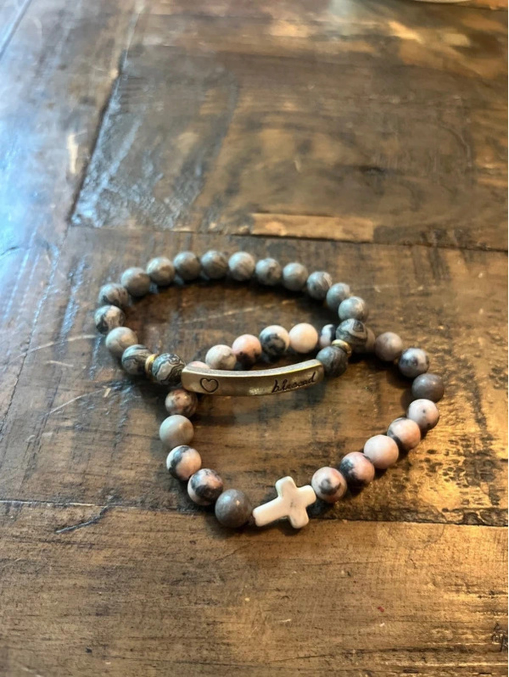 Natural Stone Beaded Bracelet Stack - Faith Cross & Engraved Blessed Charm Set